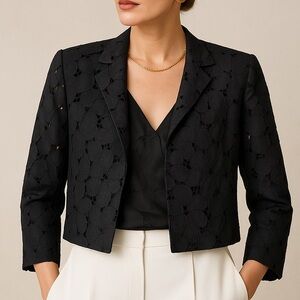 Nicole‎ Farhi Black Linen Floral Lace Eyelet Cropped Jacket
